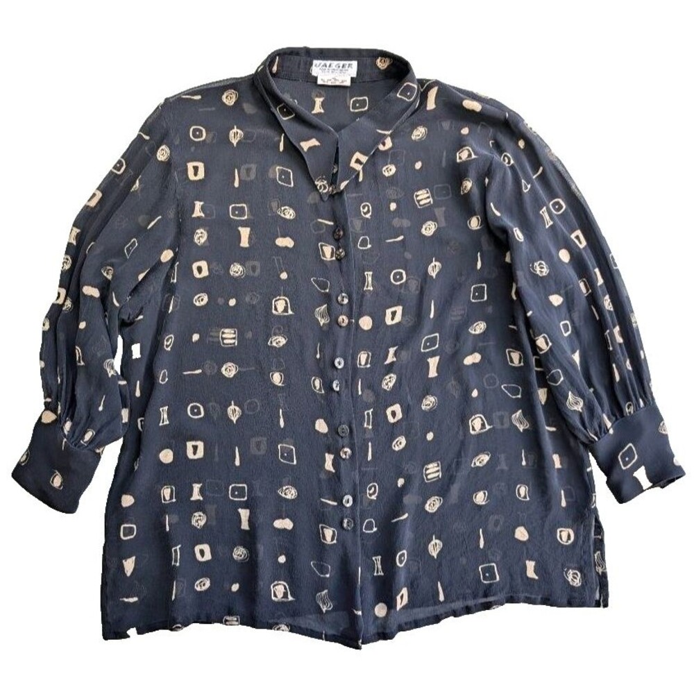Vintage Jaeger 100% Silk Blouse Abstract Print Navy Made GB To Fit 38in Size S